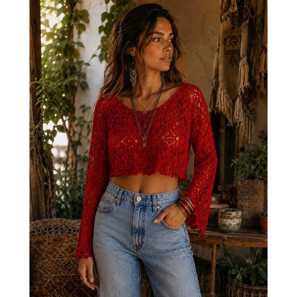 Yahada OS Crop Top Crochet Floral Lace Long Sleeve Cotton Red Boho Festival